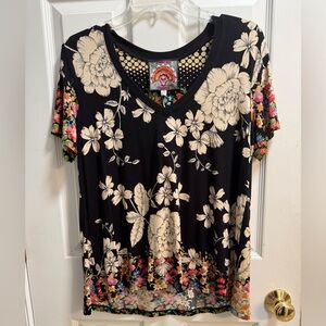 Johnny Was Tee. Gorgeous flowers on black base. A knockout for summer travel.